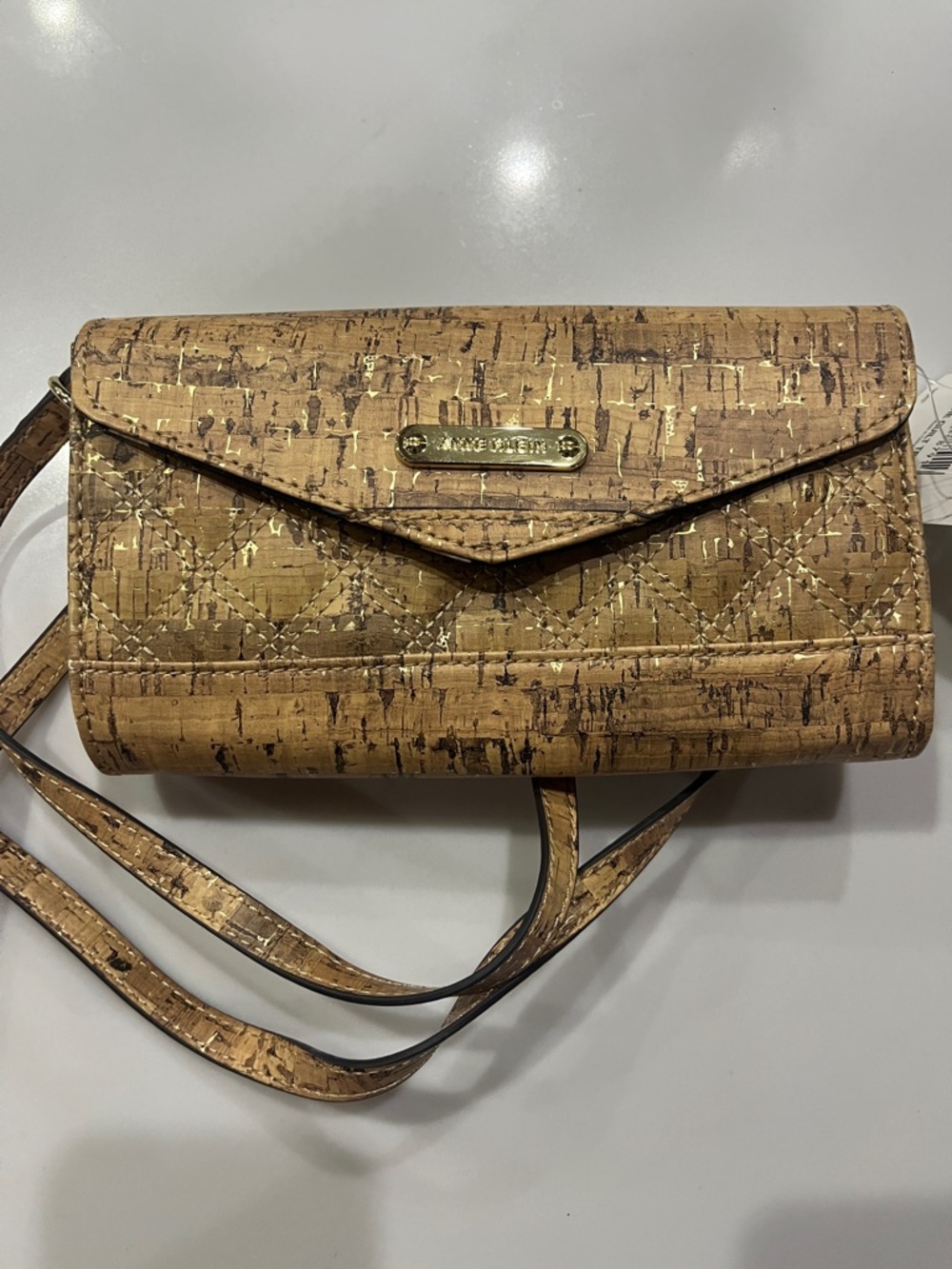Anne Klein Quilted Cork-Texture Crossbody in Tan with Gold Plate